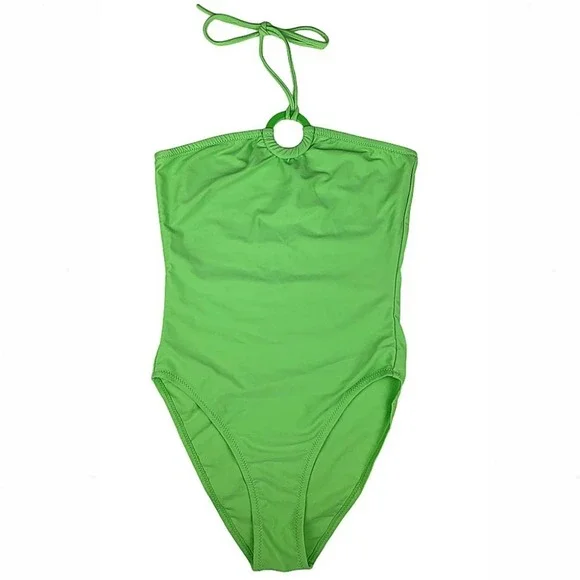 Pastel High-Leg O-Ring Halter One-Piece Swimsuit in Lime Green - Picture 7 of 11
